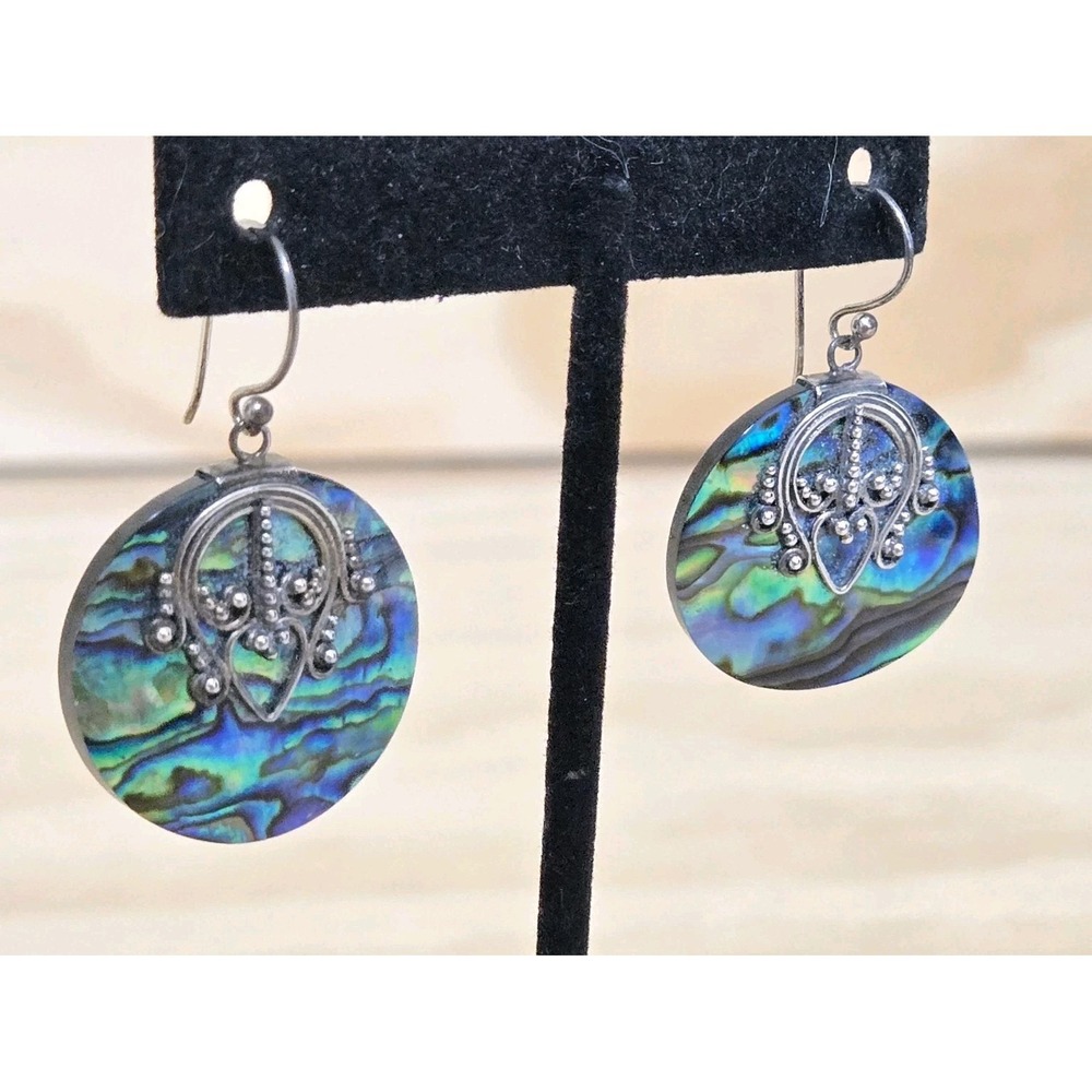 Suarti Sterling Silver Abalone Shell Disc Dangle Earrings Bali Indonesia 925 Vtg